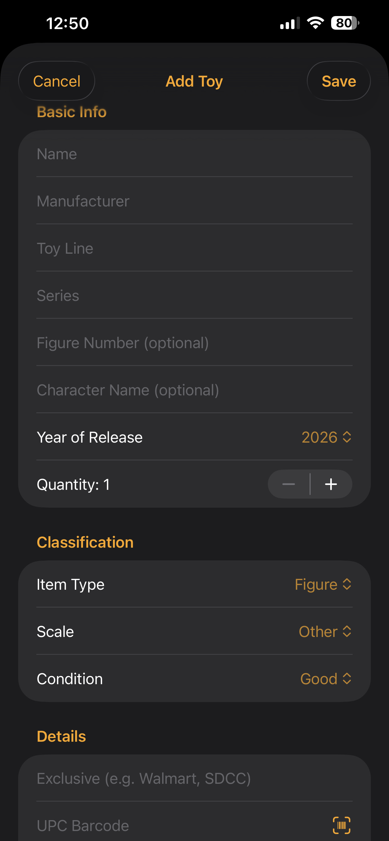 Add Toy screen