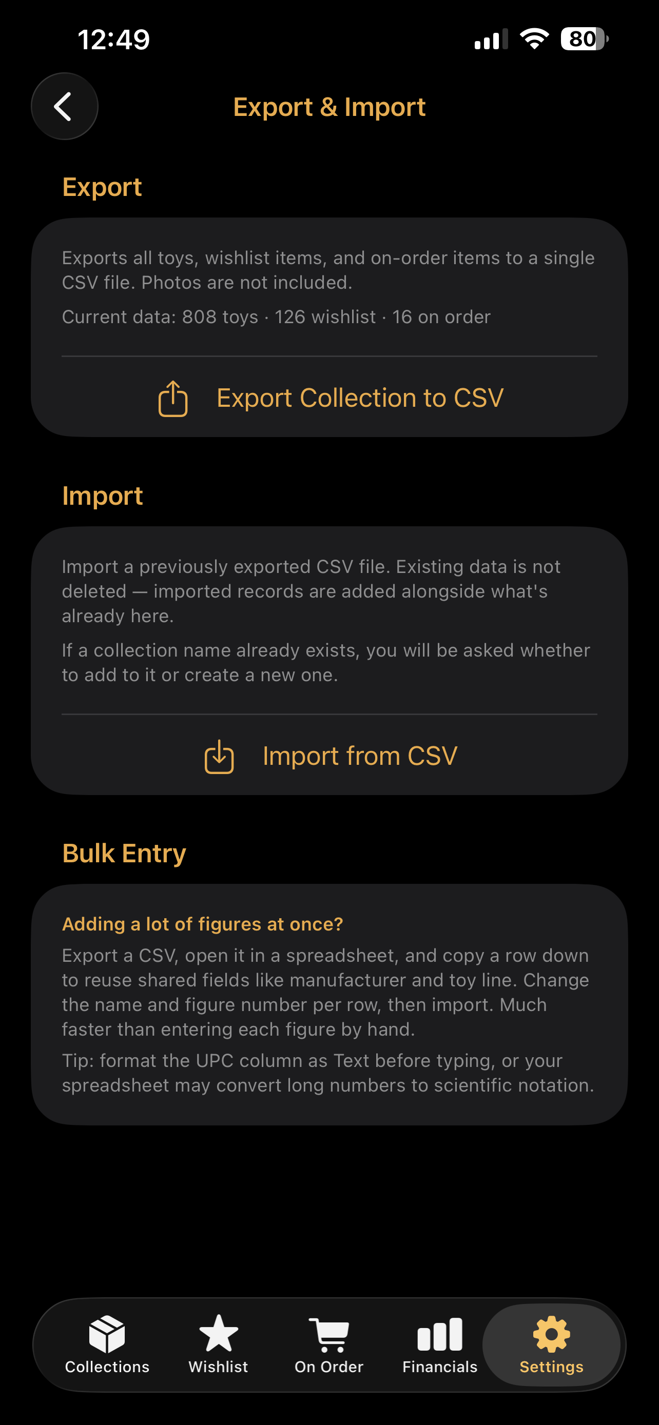 Export and Import screen